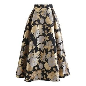 Chicwish Skirt Women's Size‎ 2XL Black Gold Silver Metallic Brocade Pleated Midi